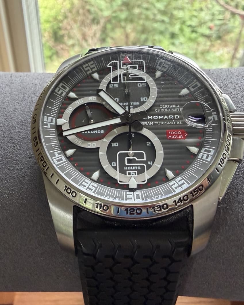 Close-up of the Chopard Mille Miglia GT XL chronograph dial