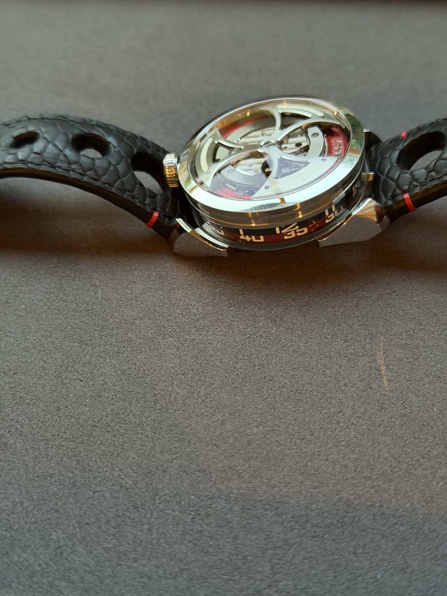 Low side profile of the M.A.D. 1 showing the case, rotor, and strap